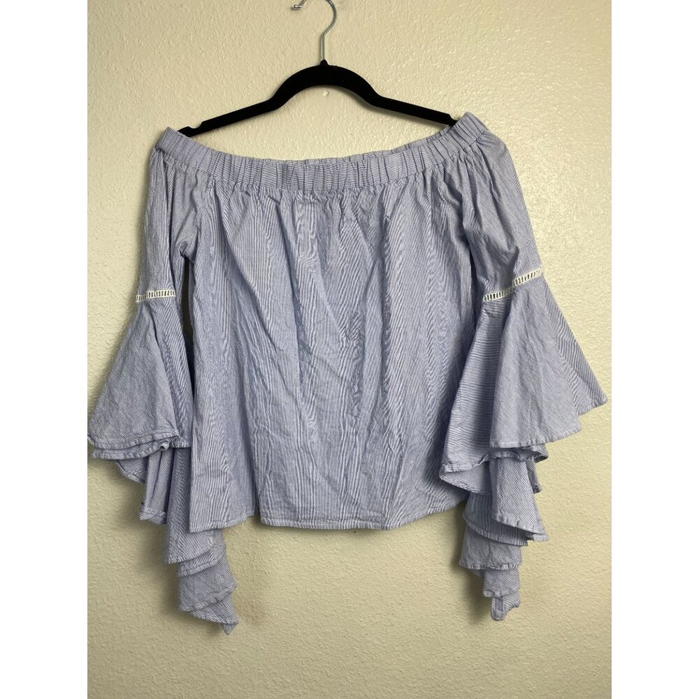 Harlowe & Graham Womens Off The Shoulder Bell Sleeve Top Size Small Stripes Blue